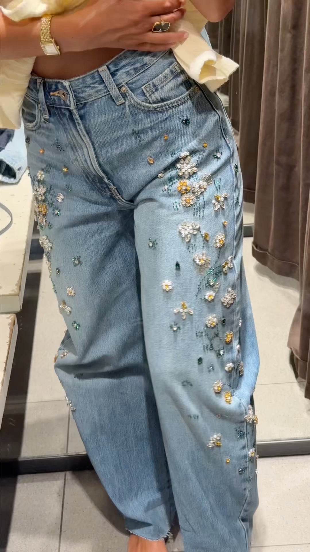 Floral Beaded Rhinestone Straight Leg Jeans
