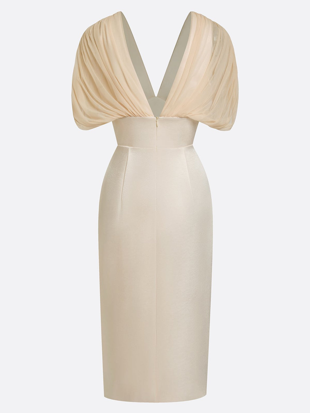 Champagne Ruched Satin V Neck Short Sleeve Raglan Sleeves Sheath Midi Dress