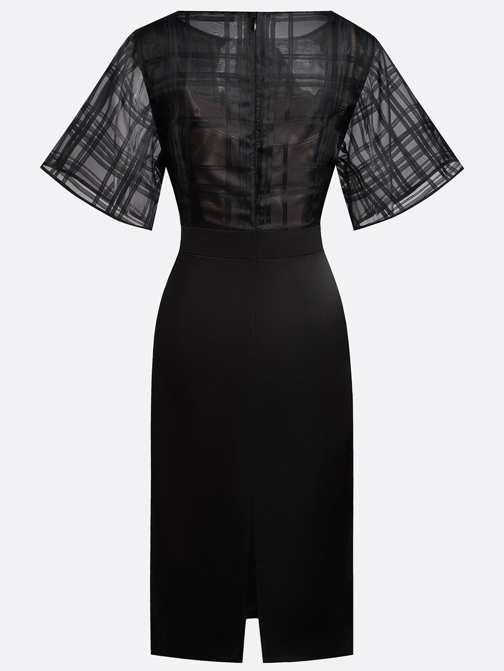 Black Organza Plaid Classic Boat Neck Half Sleeve Dolman Sleeve Sheath Midi Dress