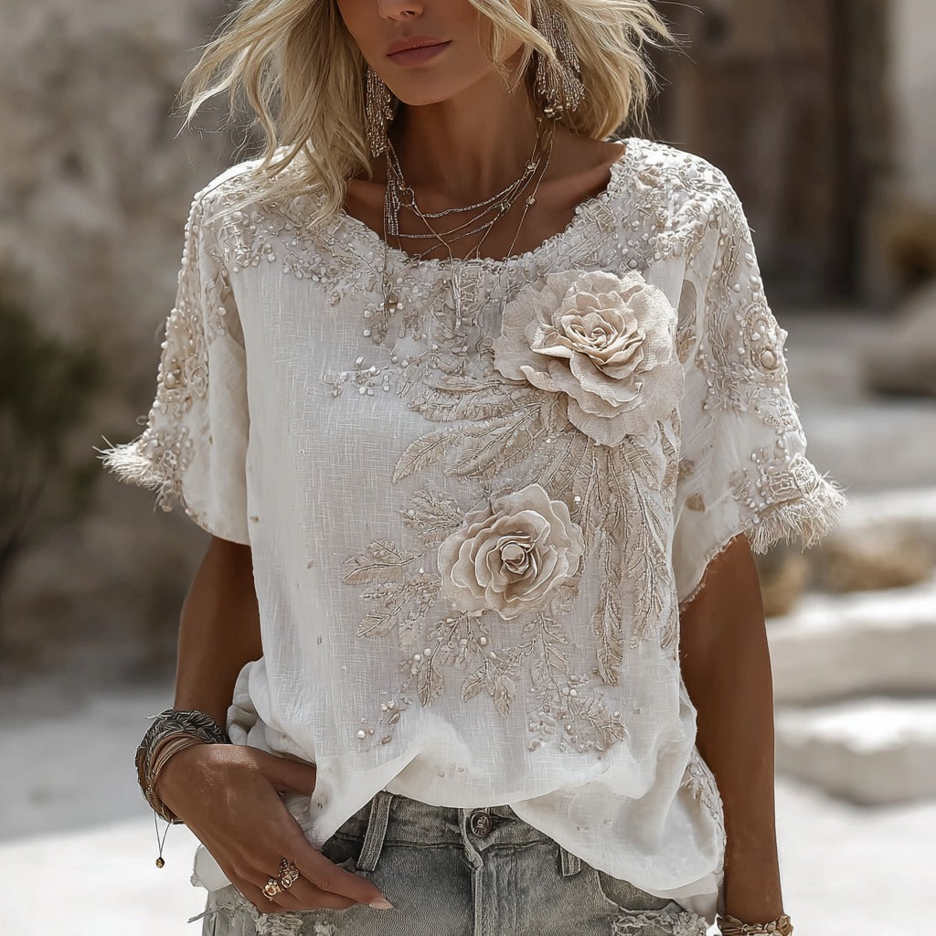 Vintage Rose Embroidery Art Round Neck Short Sleeve Linen Blend T-shirt
