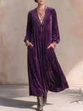 Women's Solid Color V-neck Long Sleeve Casual Loose Rhinestone Velvet Dress