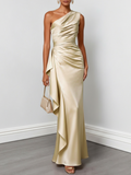 Champagne Ruffled Ruched Satin One Shoulder Sleeveless Sheath Floor-length Gown Dress