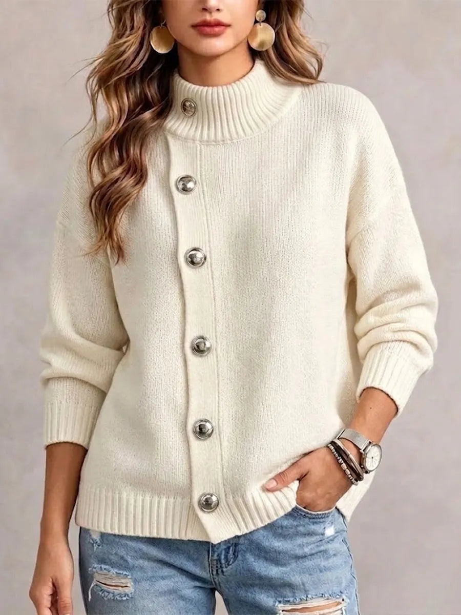 Loose-fit Knit Sweater With A Mock Neck And Diagonal Metal Button Detail