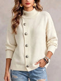 Loose-fit Knit Sweater With A Mock Neck And Diagonal Metal Button Detail