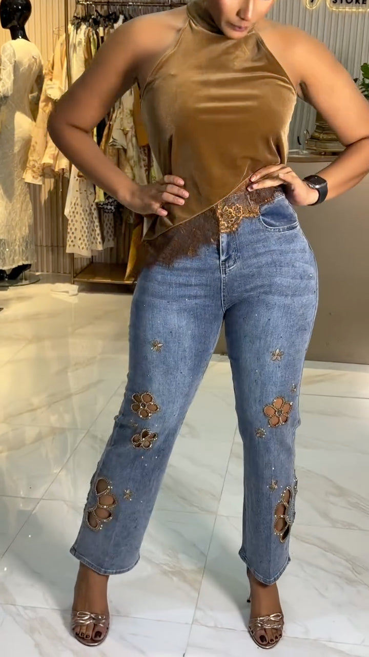 Cutwork Rhinestone Embellished Flare Jeans