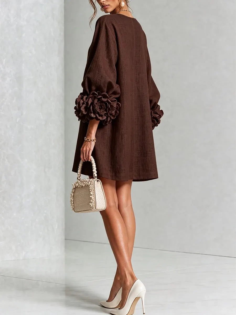 Women's 3D Floral Cuff Balloon Sleeve Mini Dress, Front Floral Button Cotton Linen Blend Shift Dress