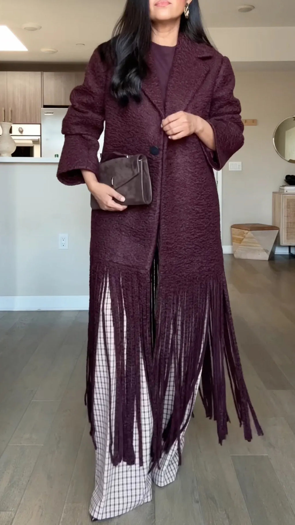 Textured Fringe-Hem Longline Coat