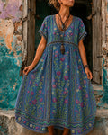 Women's Vacation Linen Boho Floral Print V-Neck Short Sleeve Maxi Dress