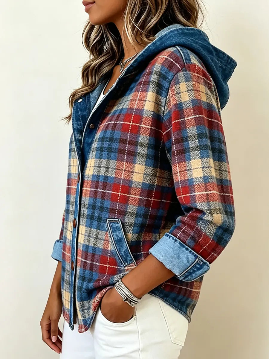 Color-block Plaid Hooded Jacket