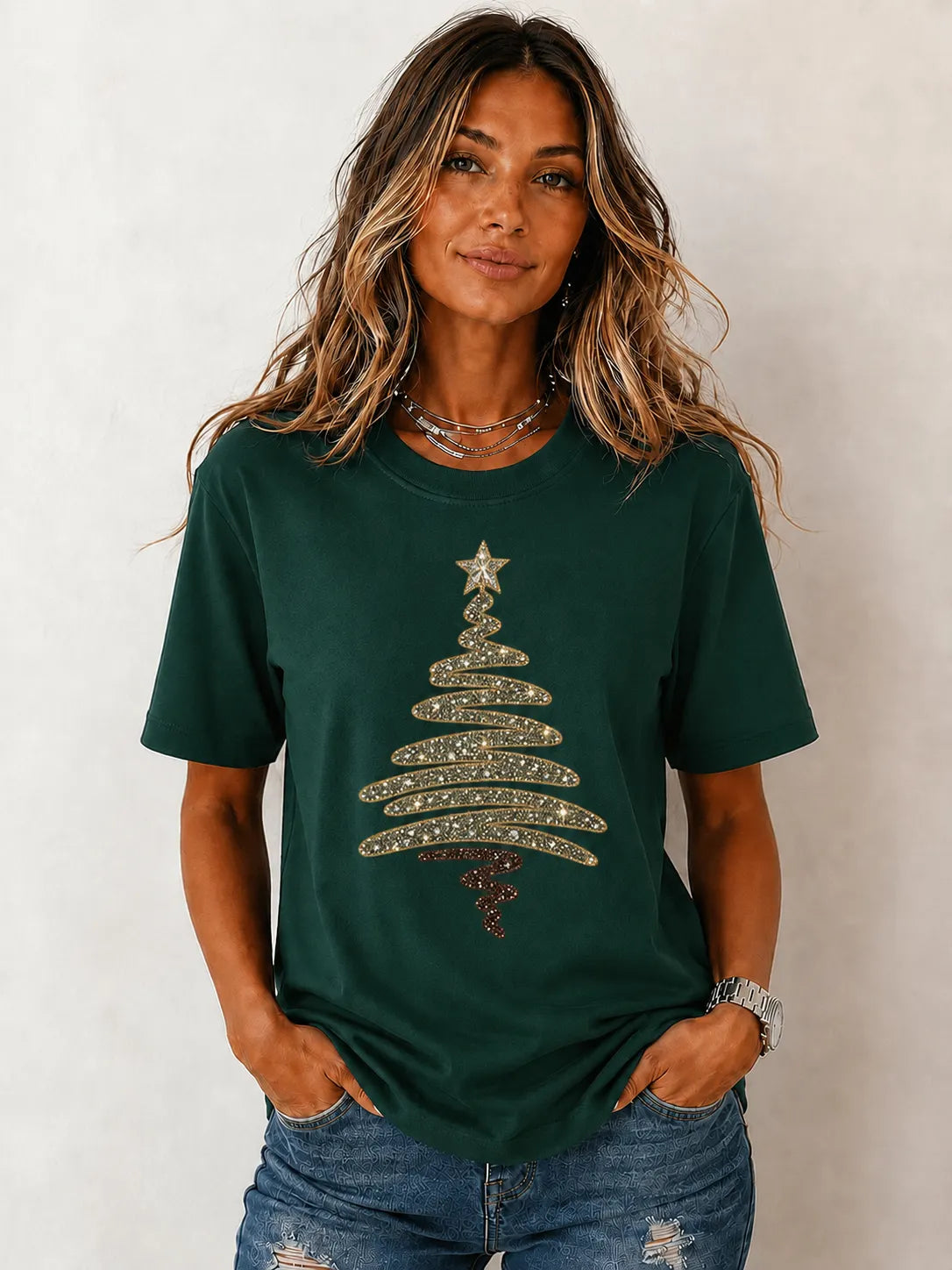 Glitter Christmas Tree Graphic T‑Shirt