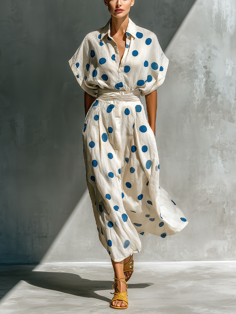 Women’s Off-White Linen-Blend Polka Dot Shirt Dress With Waist Cincher & Pockets MDZ2481D3T
