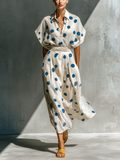 Women’s Off-White Linen-Blend Polka Dot Shirt Dress With Waist Cincher & Pockets MDZ2481D3T