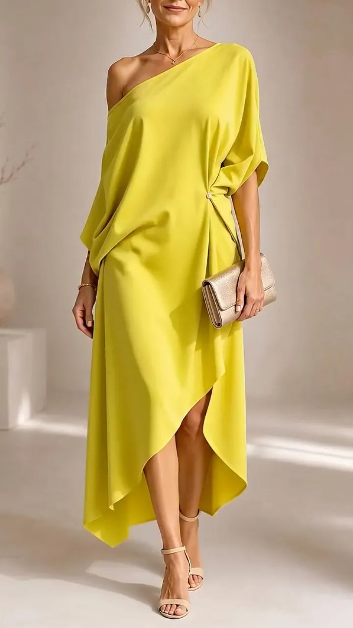 Yellow One‑Shoulder Asymmetrical Midi Dress
