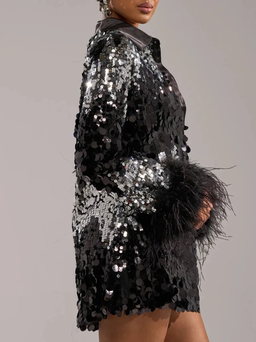 Sequin Feather Collared Mini Dress