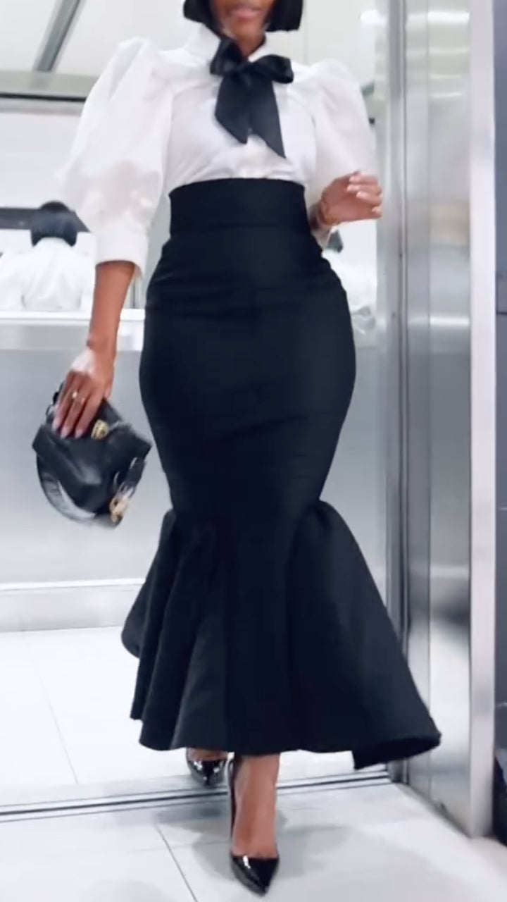 Black & White Bow Blouse + Mermaid Skirt Set