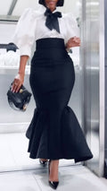 Black & White Bow Blouse + Mermaid Skirt Set