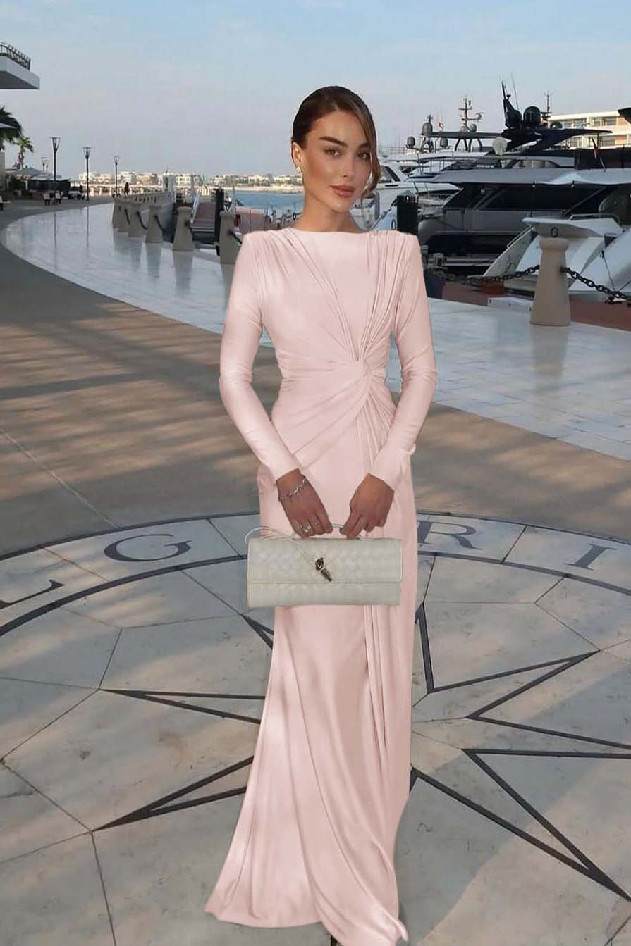 Chic Jewel Long Sleeves Mermaid Long Prom Dress With Pleated XJ0364