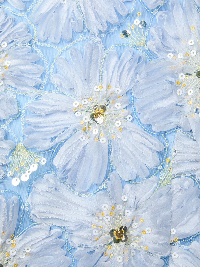 Light Blue Jacquard Chiffon Halter Neck Sleeveless A-Line Floor-length Gown Dress