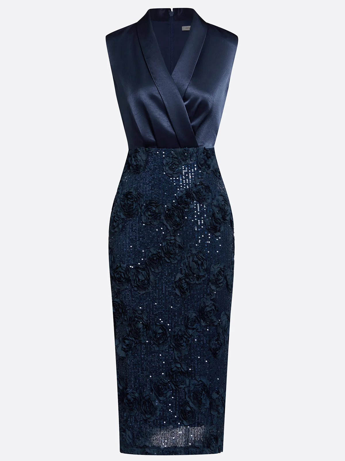 Purplish Blue 3D Floral Glitter Classic V Neck Sleeveless Sheath Midi Dress