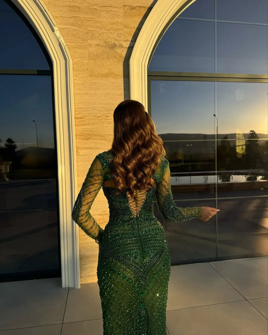 Exquisite Dark Green Beadings Mermaid Long Sleeves Prom Dress YK0817