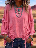 Women's Casual Top With Ruffled Trim And Drawstring Design