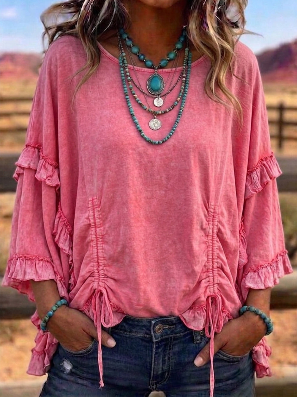 Women's Casual Top With Ruffled Trim And Drawstring Design
