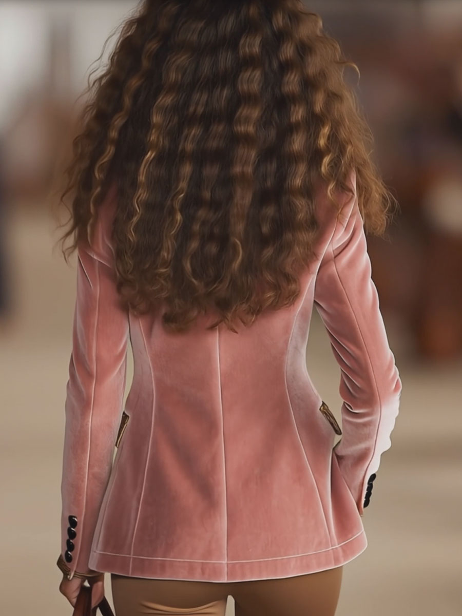 Pink Velvet Stitching Leopard Print One Button Blazer