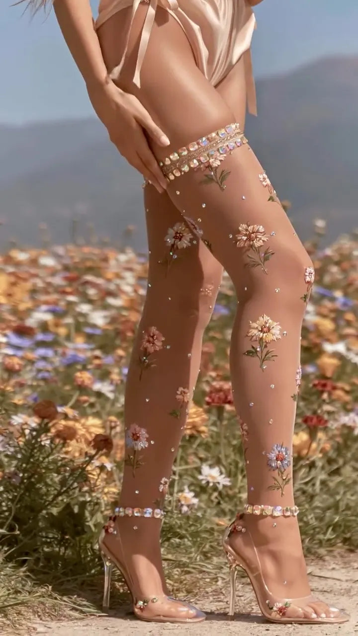 Floral Rhinestone Over‑the‑knee Socks