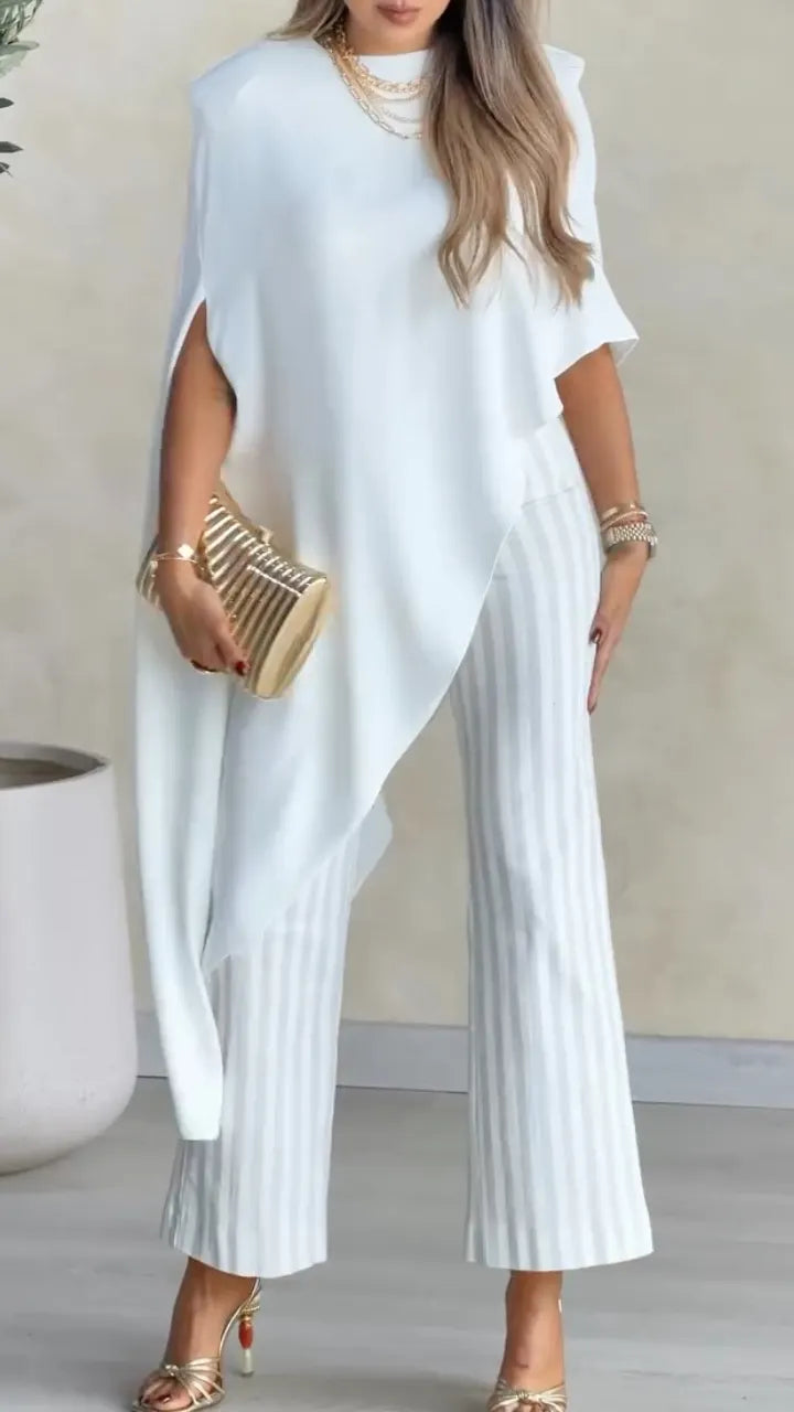 Asymmetric Cape Top & Striped Pants Set