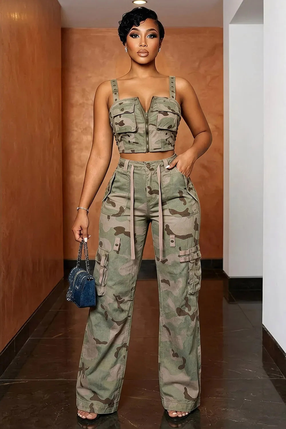 Camouflage Zipper Top High Waist Cargo Pant Casual 2pcs Set-Green