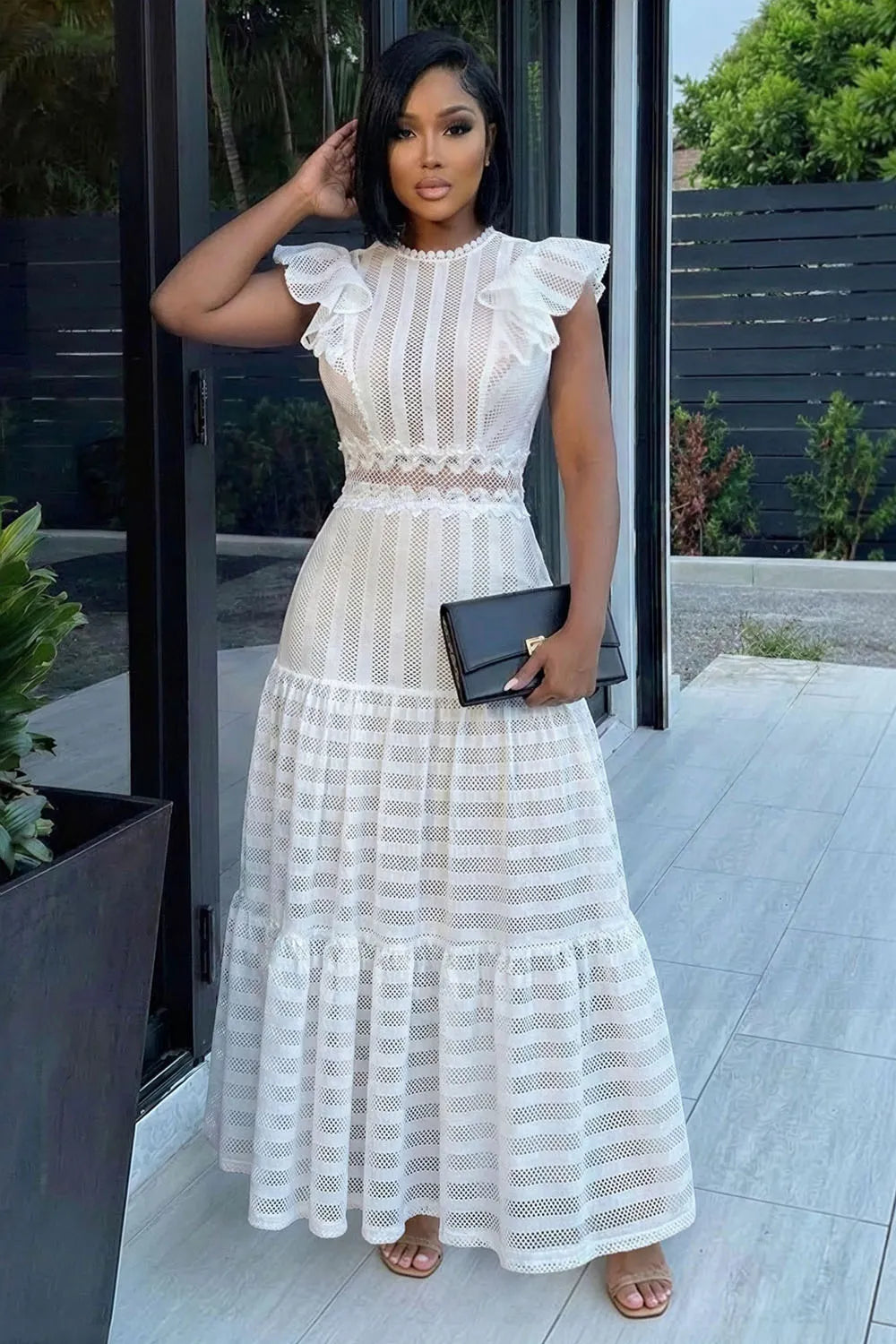 Round Neck Ruffle Trim Mesh Patchwork Casual Maxi Dresses-White