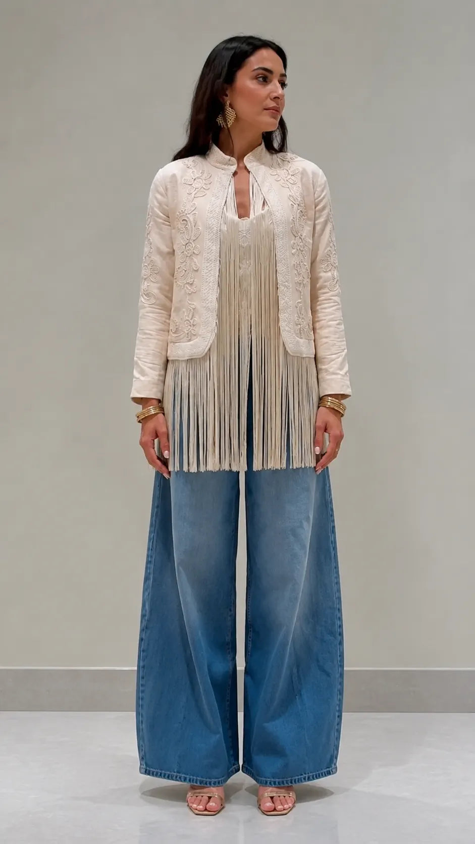 Cream Floral Embroidered Fringe Boho Jacket