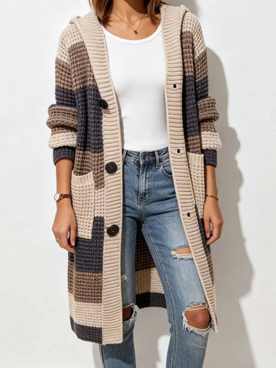 Women's Geometric Print Lapel Long-sleeved Casual Loose Hooded Knit Cardigan