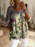 Women's Retro Floral Art Print Casual Three-quarter Sleeve Round Neck Hollow-out Top