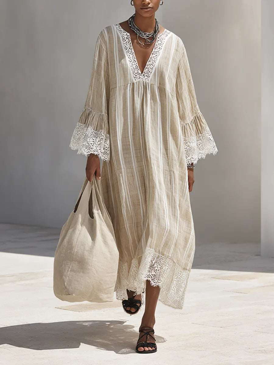Women's Minimalist Beige Vertical-Stripe Maxi Dress With White Lace Trim And Flared Long Sleeves MDZ1745F9ZRK