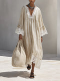 Women's Minimalist Beige Vertical-Stripe Maxi Dress With White Lace Trim And Flared Long Sleeves MDZ1745F9ZRK