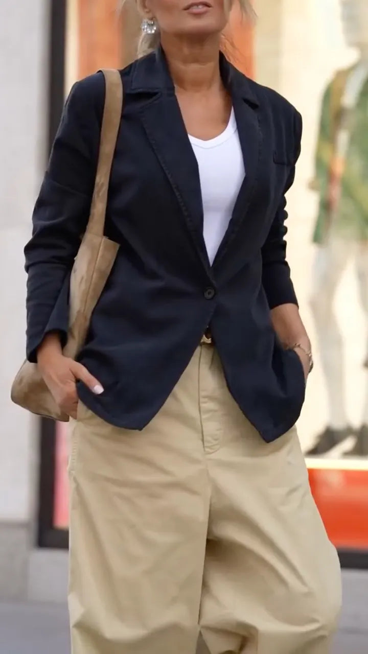 Navy Blazer & Khaki Wide‑Leg Trousers Matching Set