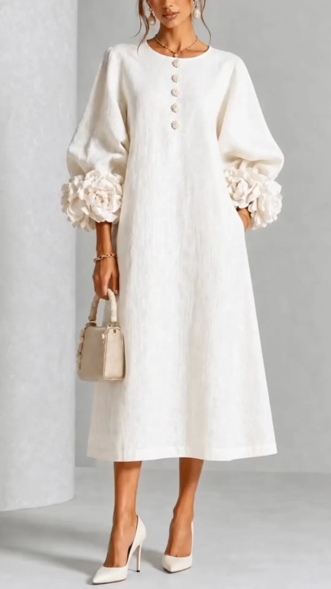 3D Flower Cuff Linen Blend Midi Dress