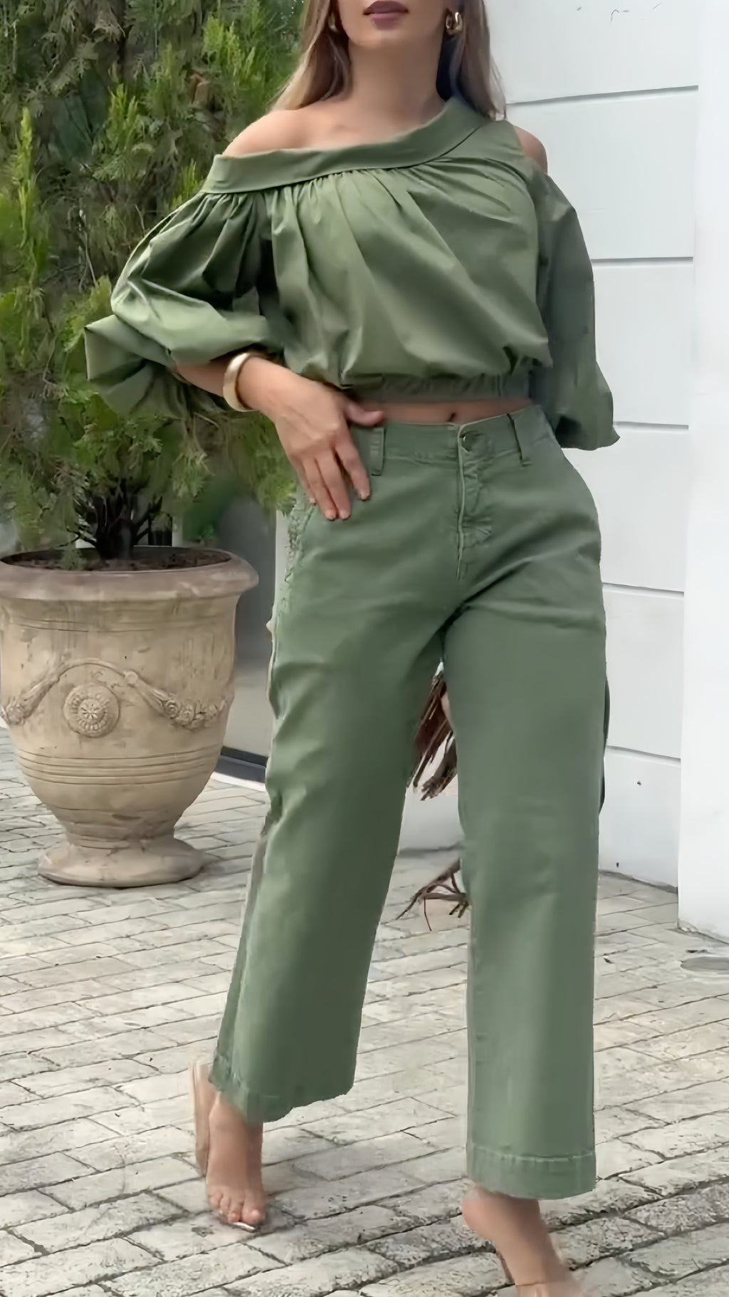 Off-Shoulder Crop Top & Wide Leg Pants Co-Ord Set