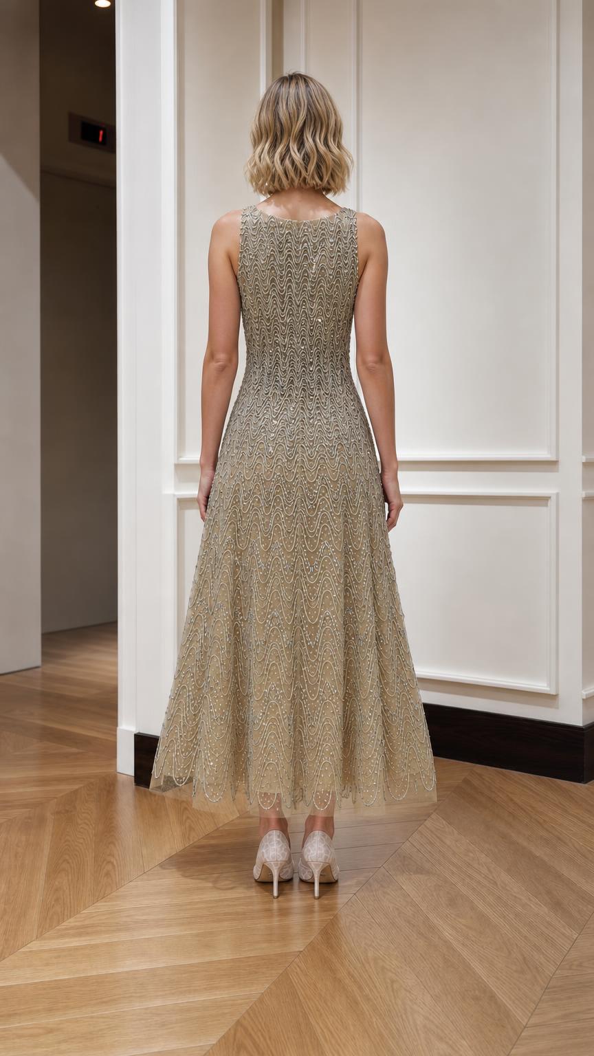 Sequin Beaded Sleeveless A-Line Midi Dress