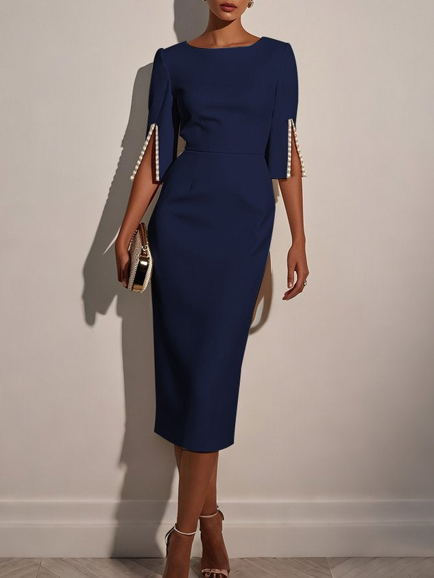 Navy Blue Faux Pearl Classic Crew Neck Half Sleeve Sheath Midi Dress