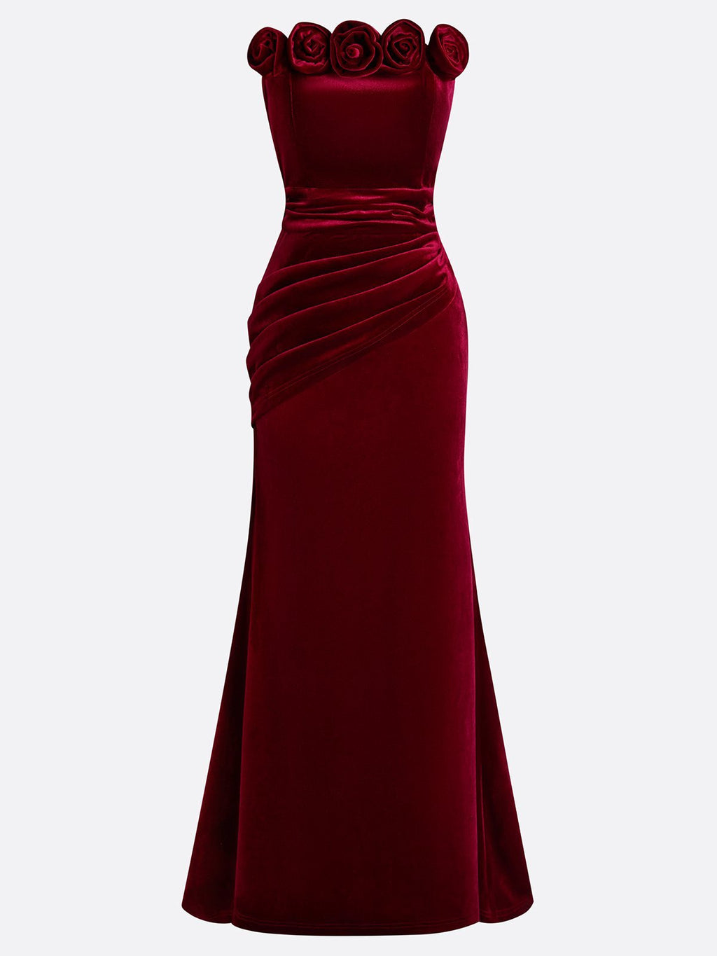 Wine Red 3D Floral Velvet Strapless Sleeveless Sheath Gown Dress