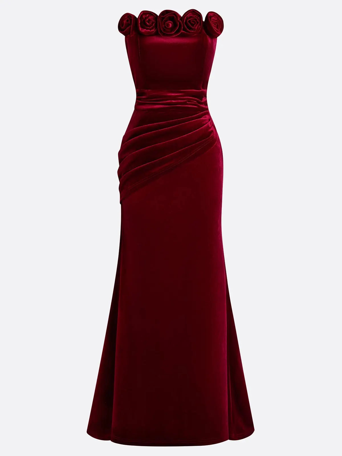 Wine Red 3D Floral Velvet Strapless Sleeveless Sheath Gown Dress
