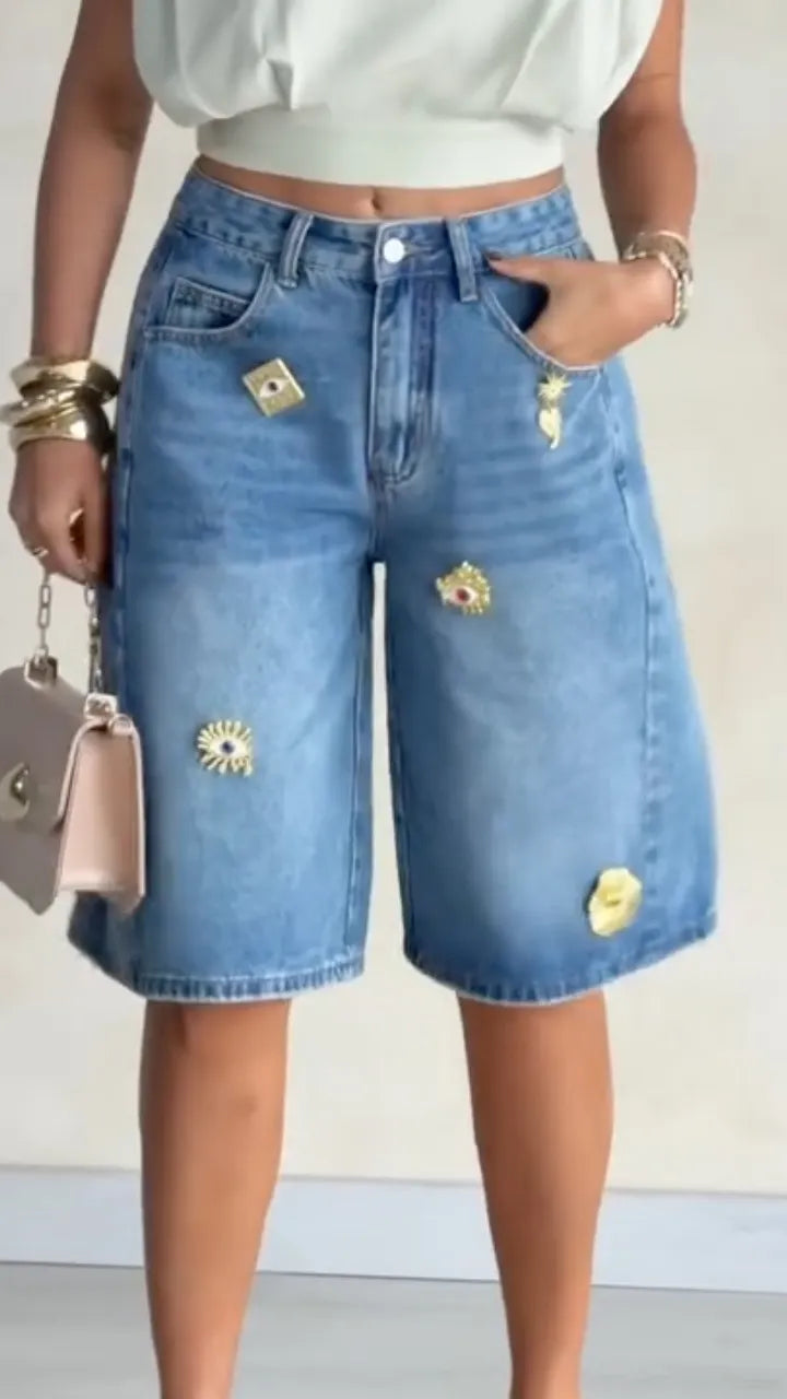 Embellished Denim Bermuda Shorts