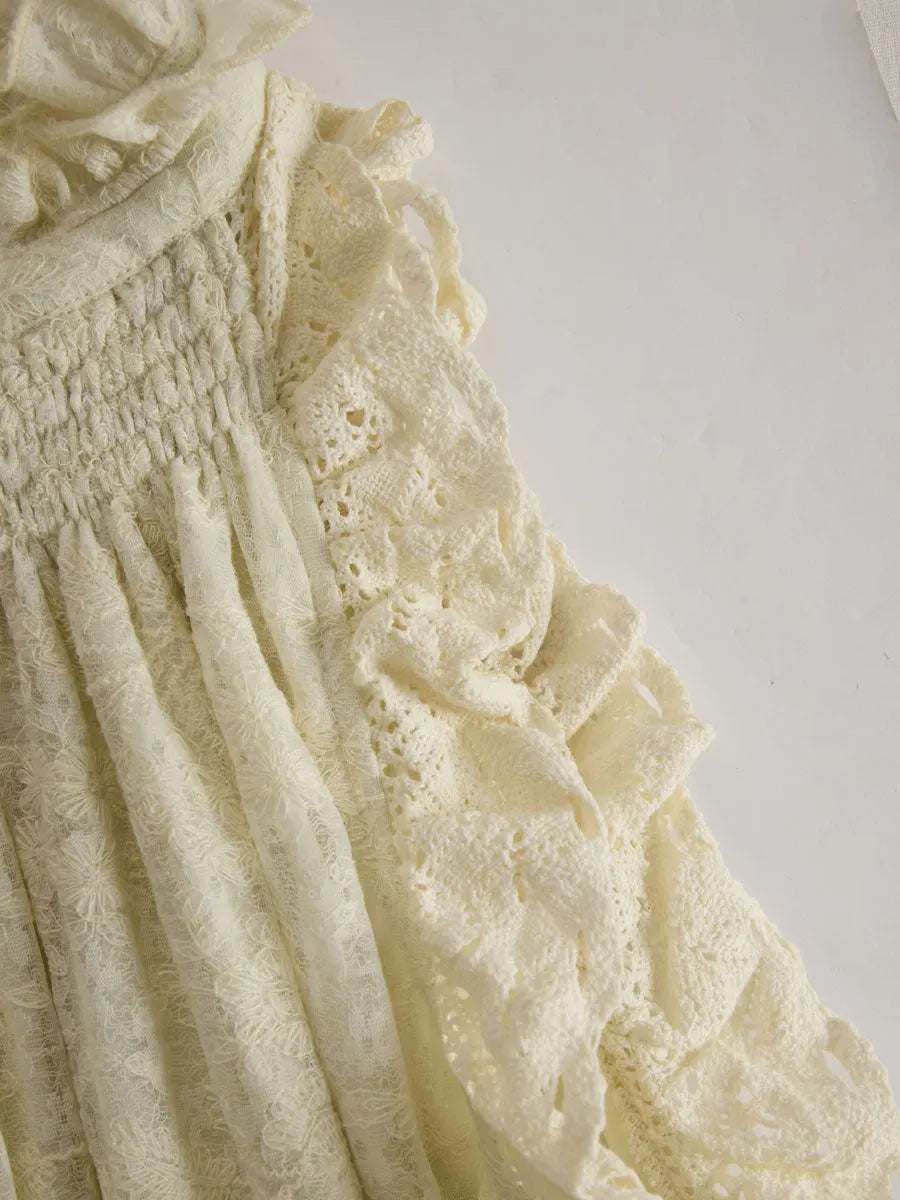 Vacation Retro Beige Lace Sleeveless Ruffled Mini Dress