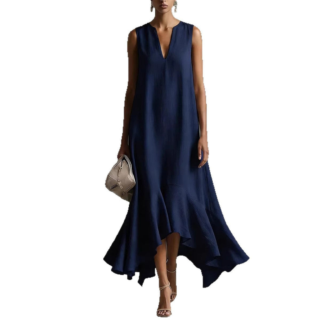 Sleeveless V-Neck Linen Midi Dress with Ruffled Hem