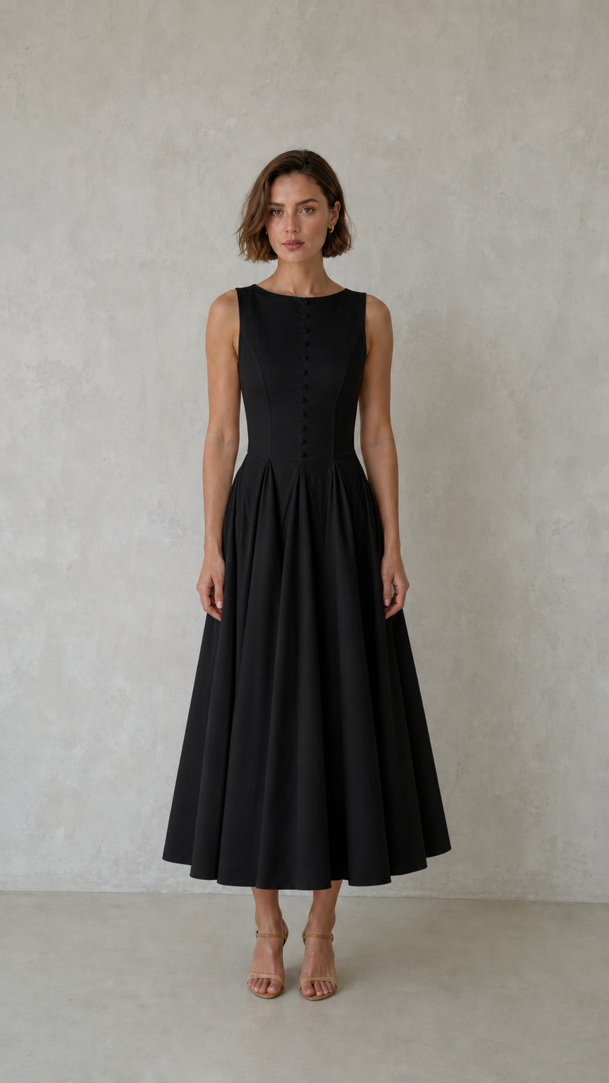 Elegance Sleeveless Pleated Midi Dress with Button Details