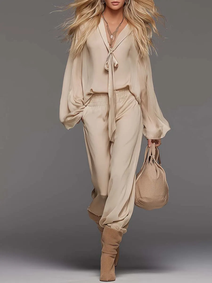 Elegant Flowing Versatile Tie-front V-neck Flared Sleeves Beige Chiffon Blouse And Pants Set