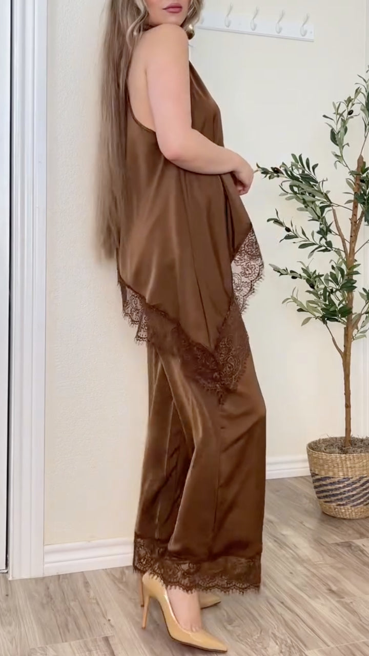 Women's Halter Neck Lace Satin Patchwork Casual Suit