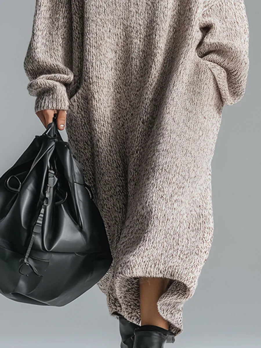 Fashion Loose Retro Trimmed Floral Gray Hooded Knitted Midi Dress